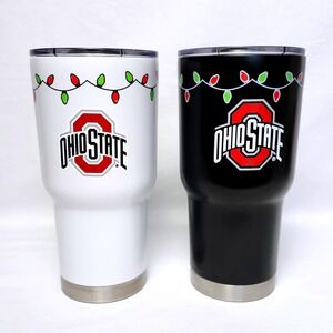 LOT OF 2 OHIO STATE FESTIVE TUMBLERS WITH LIDS 32 OZ HOT OR COLD BEVERAGES‎